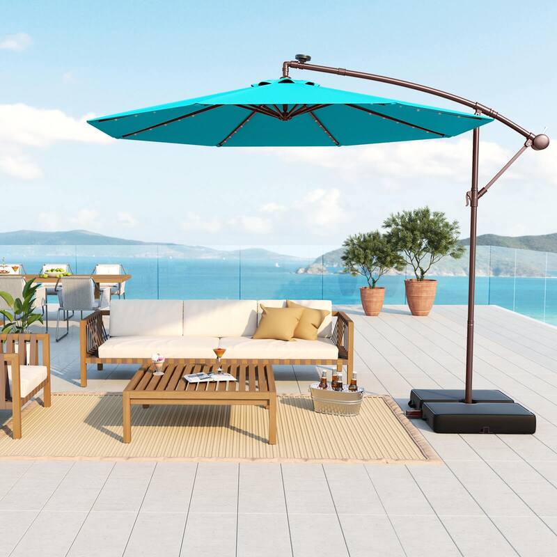 Costway Patio 10FT Hanging Offset Umbrella 32 LED Lights Sand Bag