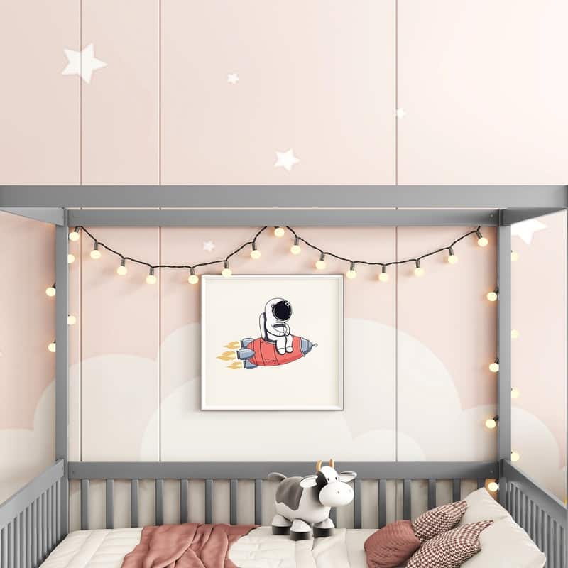 Full Size Wood Canopy Bed with Guardrails,Floor Bed For Kids