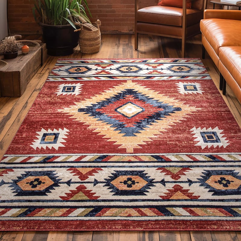Well Woven Tulsa Lea Southwestern Tribal Area Rug - 5' 3" x 7' 3" - Crimson - Rectangle