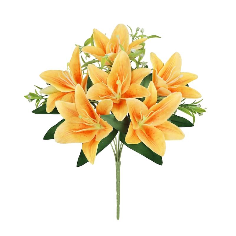 Set of 4 Orange Artificial Stargazer Lily Flower Stem Bush Bouquet 13in - 13" L x 8" W x 8" DP - Orange - 13" L x 8" W x 8" DP