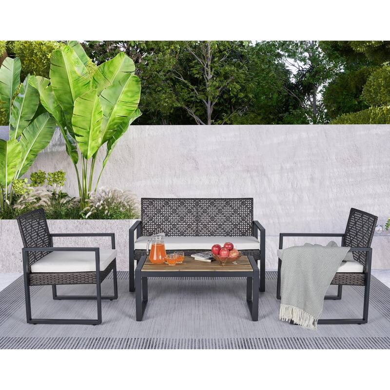 4-Piece Outdoor Patio Set with Double and Single Chairs, Acacia Wood Table, Durable PE Rattan Frame, Waterproof Cushions