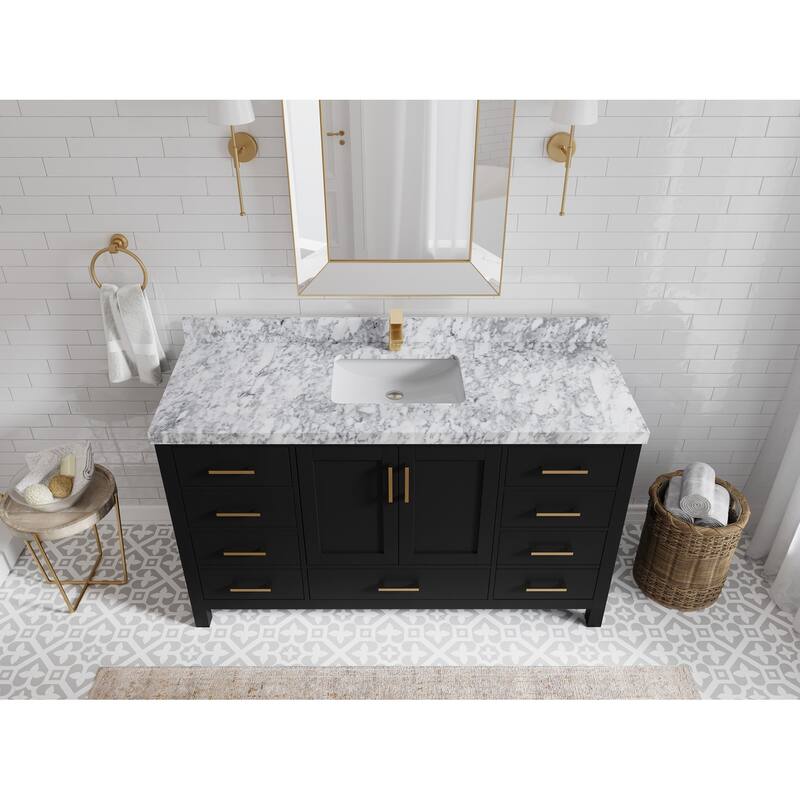 Willow Collections 60 in. W x 22 in. D Malibu Single Sink Bathroom Vanity with Countertop - 2" Carrara Marble - Black