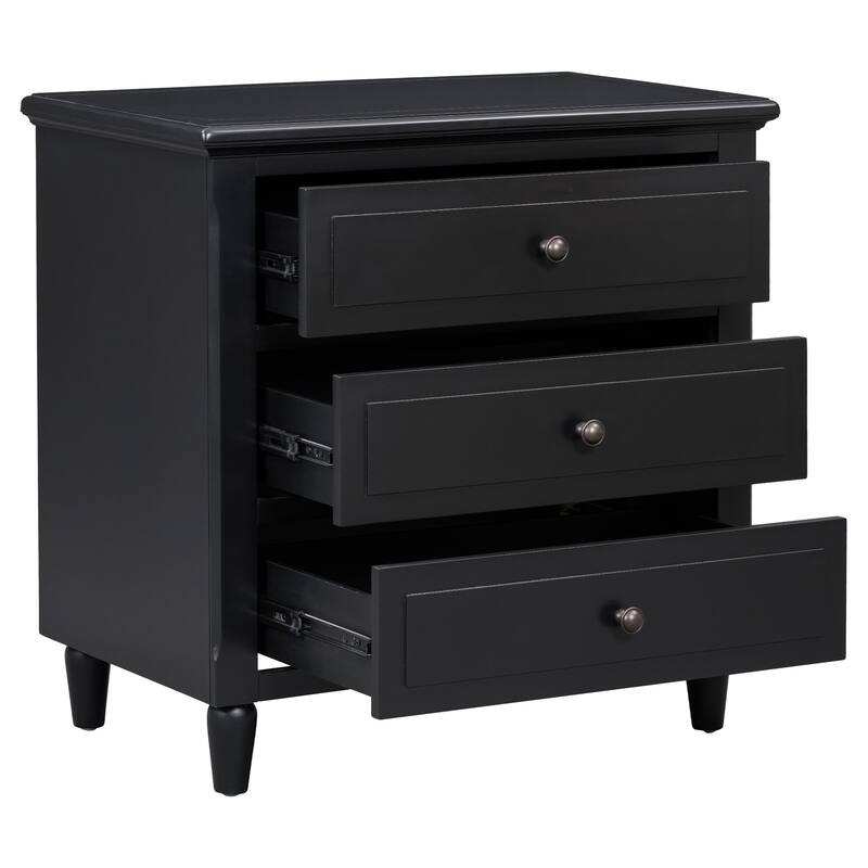 28'' Wide 3-Drawer Modern Nightstand with Metal Handles, Fully Assembled MDF Bedside Cabinet with Rubber Wood Legs for Bedroom