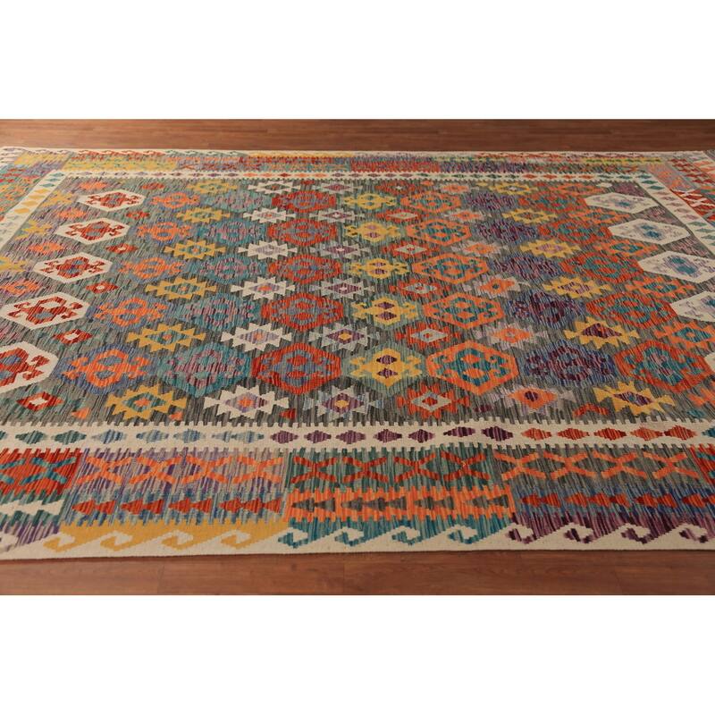 Kilim Oriental Rug Hand-Woven Multi-Color Reversible Wool Carpet - 9'7"x 12'9"