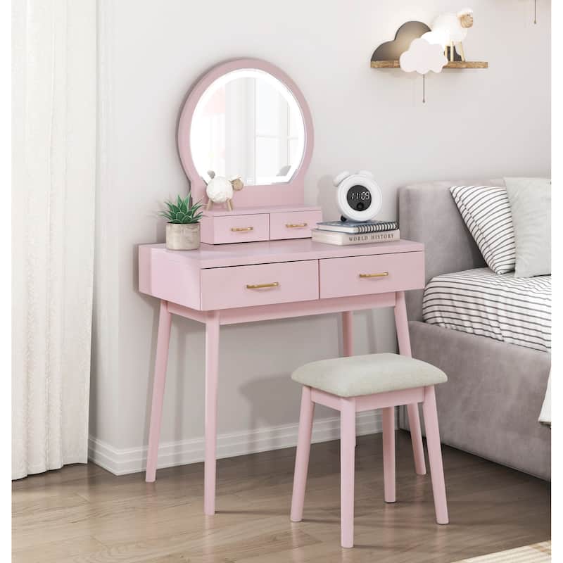 Beautiful Pink Finish Vanity Dresser with Mirror and Stool Set Storage Drawers Bedroom Furniture 1pc - Pink