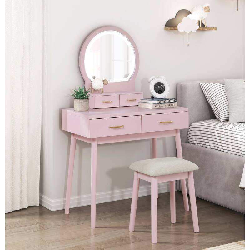 Beautiful Pink Finish Vanity Dresser with Mirror and Stool