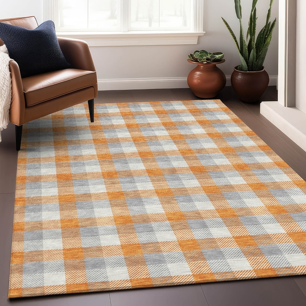 Machine Washable Indoor/ Outdoor Plaid Chantille Rug
