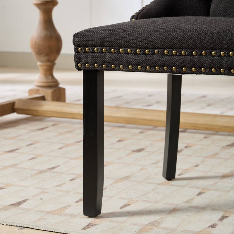 Set of 2 Linen Upholstered Dining Chair with Wood Legs, Nailhead Trim