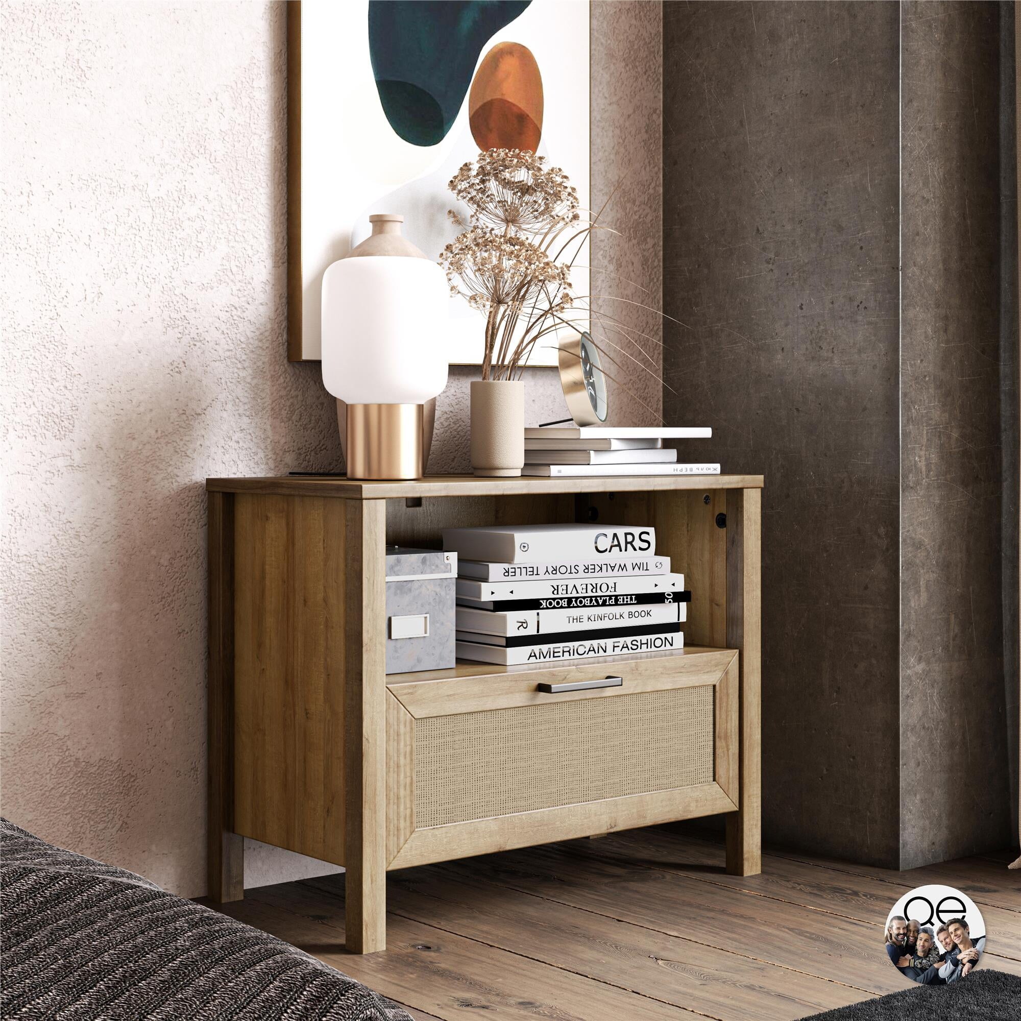 1 Drawer Nightstand Black Oak with Faux Rattan