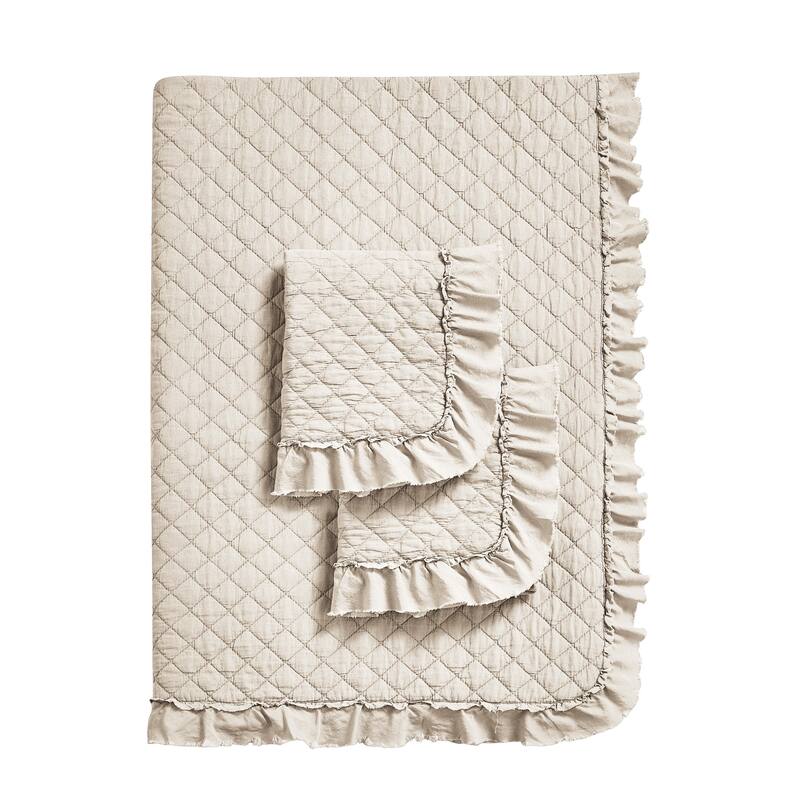 Stonewashed Super Soft Diamond Stitched with Ruffle Border Embroidered Quilt Set Taupe