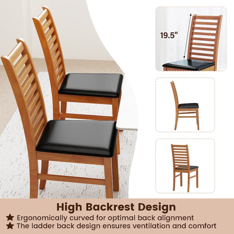 Set of 2 Rubber Wood PU Leather High-Back Farmhouse Dining Chairs Set with Ladder Design - 16" x 21" x 37"