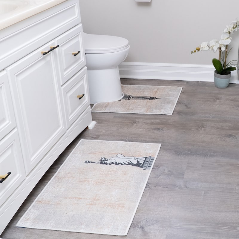 Toilet Mat Set - 2-Piece Designer Print Bathroom Contour Rugs Combo - Non Slip, Soft Cotton & Absorbent Floor Carpets - New York