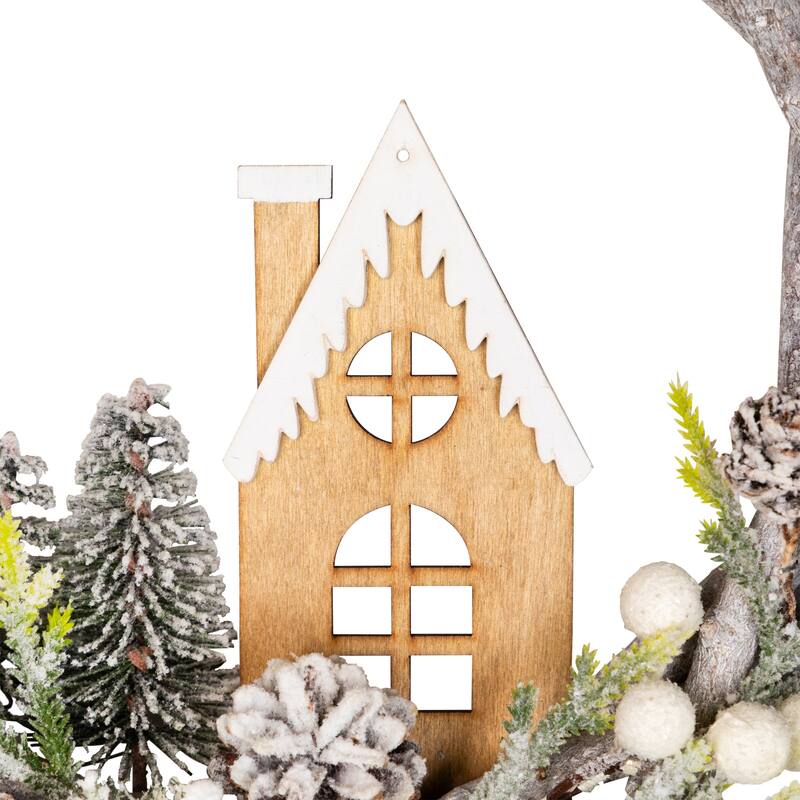 Flocked House and Pinecones Wood Branch Artificial Christmas Wreath - 12" - Unlit