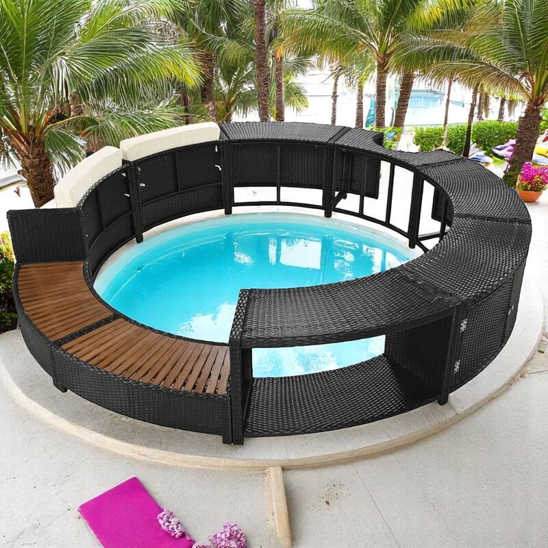 4-Piece Outdoor Patio Spa Surround Furniture Set with Cushioned and Wooden Seating, Mini Sofa, Storage Cabinet