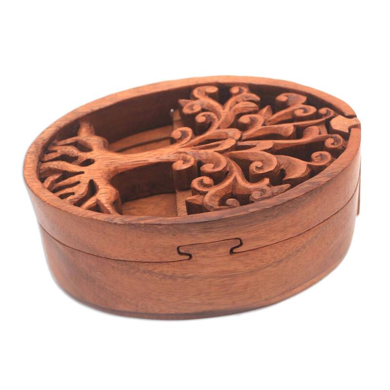 Handmade Tree Oval Wood Puzzle Box (Indonesia) - 2.6" H x 3.1" W x 5.5" D