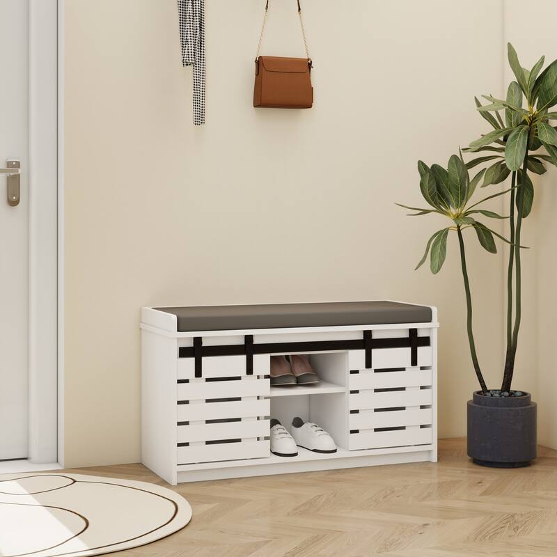 Modern Shoe Storage Bench, 2-Tier Entryway Bench with 2 Sliding Barn Doors & Full Soft Removable Seat Cushion - White