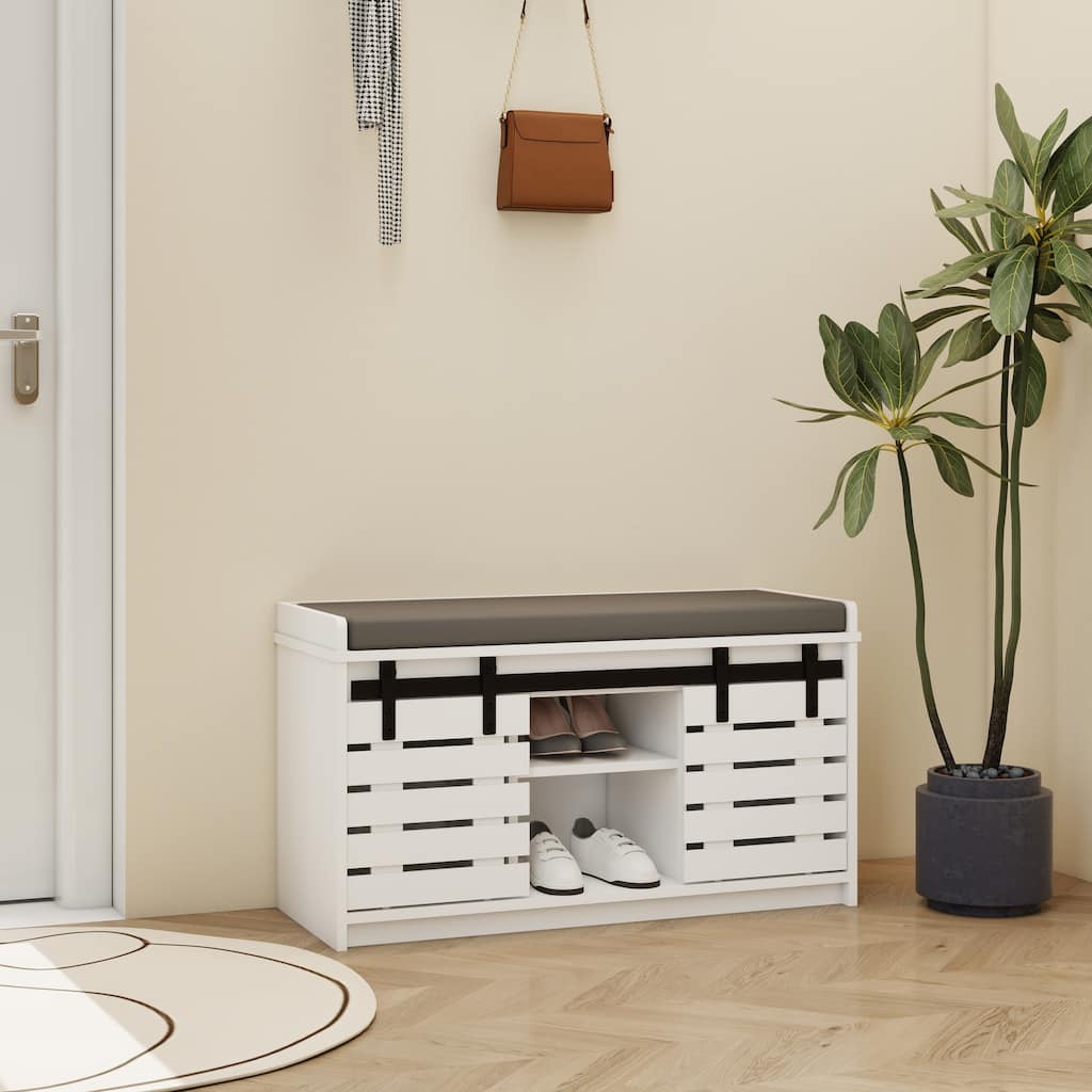 Modern Shoe Storage Bench, 2-Tier Entryway Bench with 2 Sliding Barn Doors & Full Soft Removable Seat Cushion