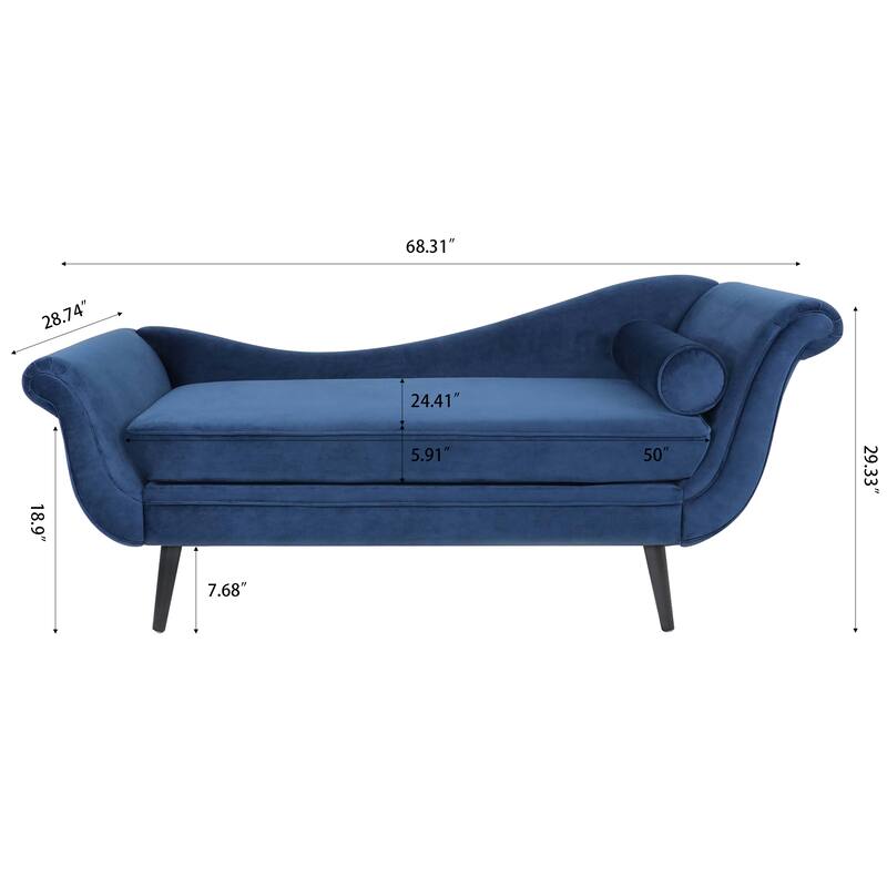 Blue Fabric Chaise Lounge with Scroll Arm, 68x29x29 inches