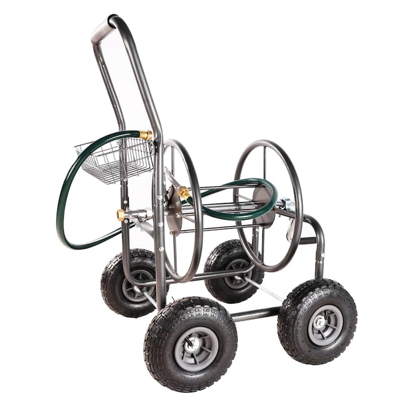 4 Wheels Portable Garden Hose Reel Cart with Storage Basket - 4 Wheels - Grey
