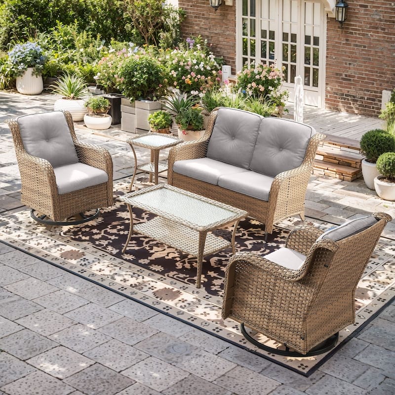 Pocassy 4 Pieces Outdoor 4 Inch Sofa Swivel Chairs Table - Beige cushion - Yelllow Wicker