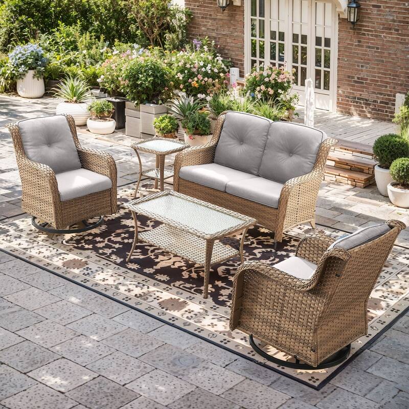 Pocassy Outdoor 4 Inch Sofa Swivel Chairs Table - Yellow Wicker Beige Cushion - 4 Pieces 2-Seat Sofa Swivel Chair Table