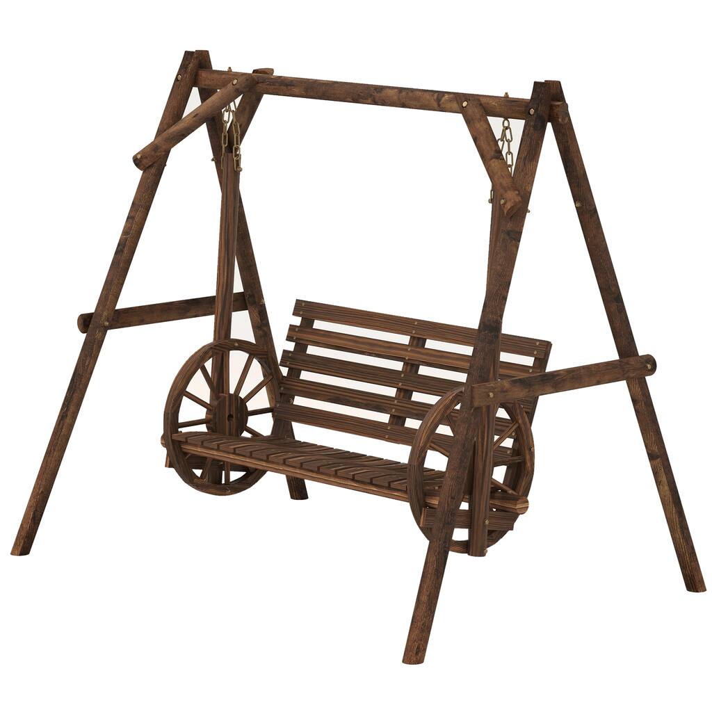 2-Person Wooden Patio Swing Chair with Adjustable Seat Height and Wagon Wheel Design for Backyard - 78.75" W x 54" D x 65.75" H