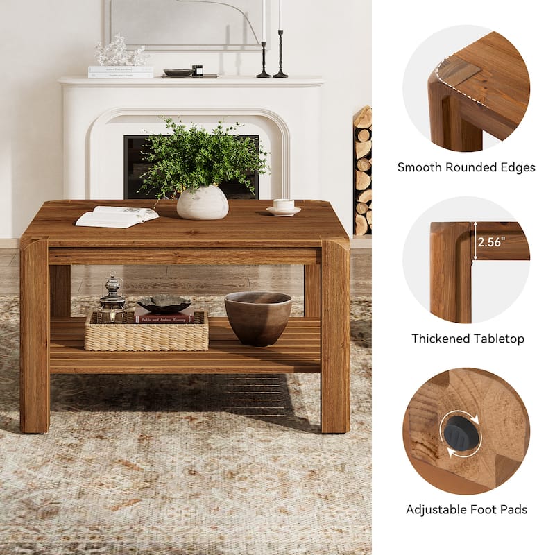2 Tier Solid Wood Coffee Table for Living Room, Square Center Table with Storage Shelvrs - 31.50" W x 31.50" D x 20.08" H