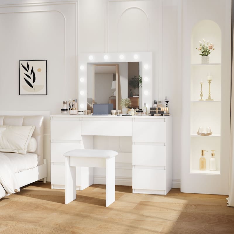 Large White Vanity Tables with Mirror and Light