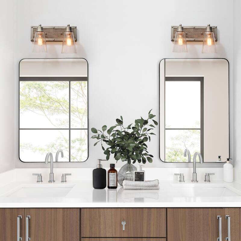 Farmhouse 2-Light Wood Wall Sconce Rustic Bathroom Vanity Light - Silver