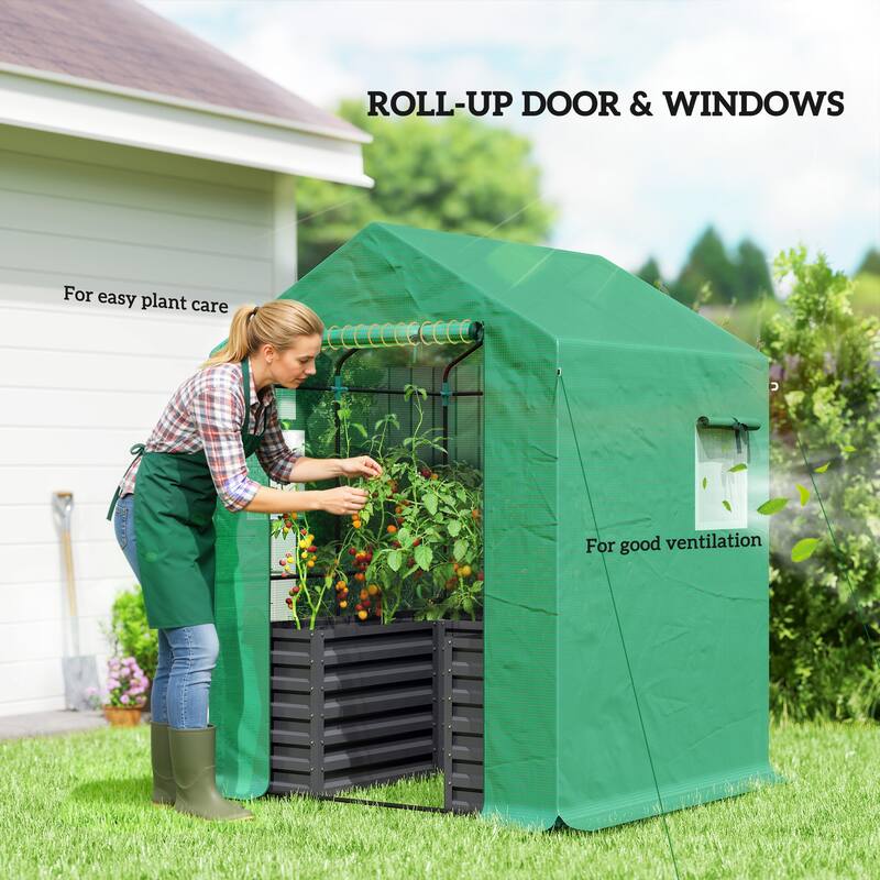 Outsunny Greenhouse with Raised Garden Bed, 56" x 56" x 75" Galvanized Steel Planter Box with PE Cover