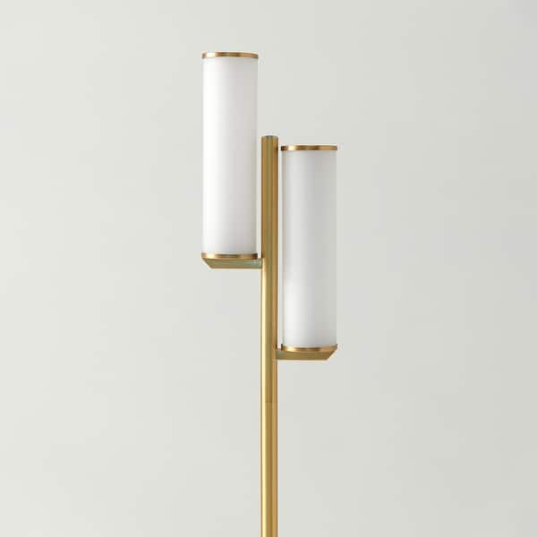 Brightech Gemini 64 in. Antique Brass Industrial 2-Light 3-Way Dimming LED Floor Lamp with 2 Frosted White Glass Cylinder Shades