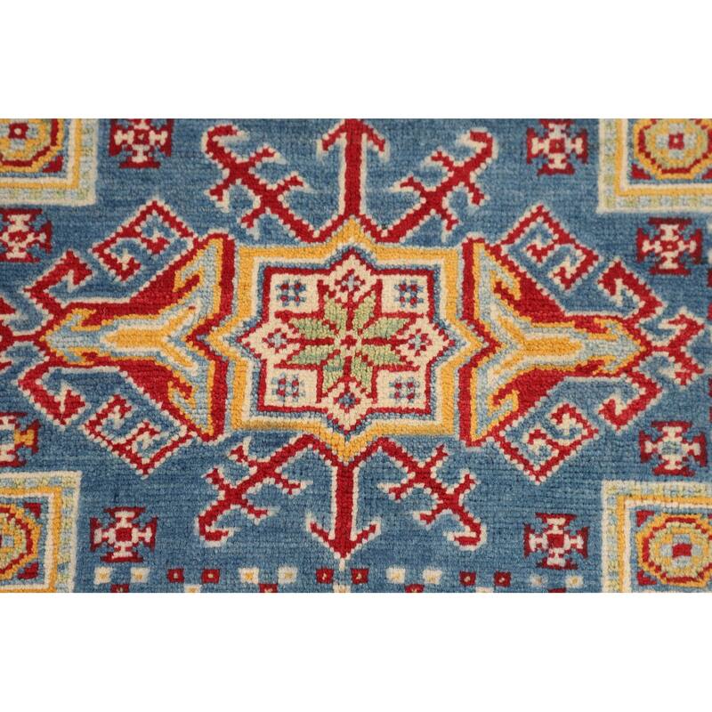 Geometric Kazak Oriental Area Rug Hand-Knotted Grey Wool Carpet - 4'10" x 6'5"