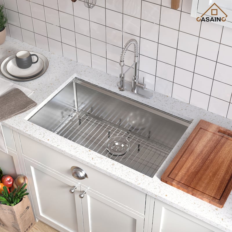 Undermount Single Bowl 18 Gauge Brushed Stainless Steel Workstation Kitchen Sink with Sliding-Accessories