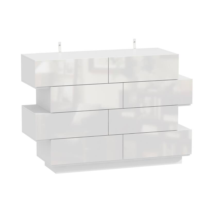Sleek High Gloss White Eight-Drawer Dresser, Storage Unit Chest