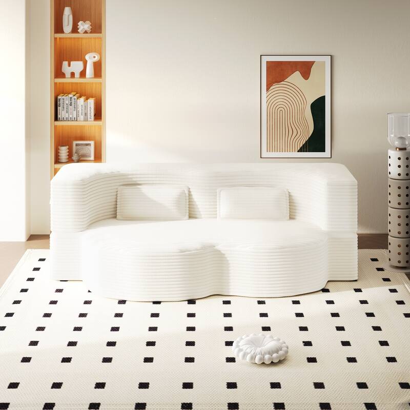 Modern Floor Sofa with 2 Pillows,Convertible Teddy Fabric Foam-Filled Sleeper Sofa Bed