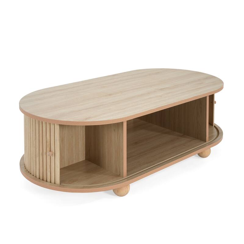 Natural Wood Grain Long Oval Coffee Table Storage Center Table with Hidden Compartment, Accordion Door and Ball-shaped Legs