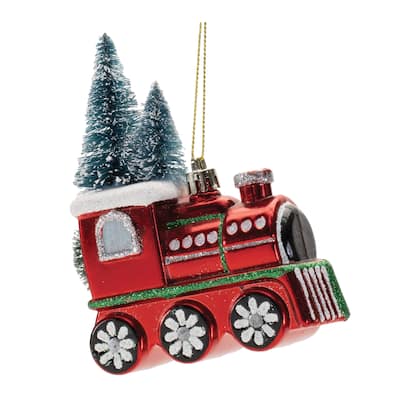 Christmas Tree Ornaments Set of 6 Glitter Train Red and Green Decor - 3.75" x 1.5" x 5"