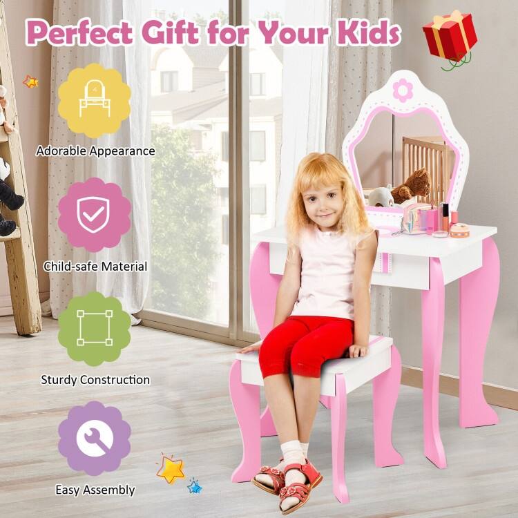 2-in-1 Toddler Vanity Set with Detachable Top & Cute Flower Patterns - N/A