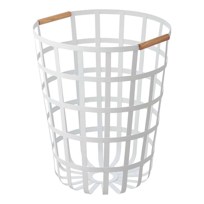 Yamazaki Home Wire Basket, Steel and Wood, 10.5 gallon, 40 liters, Holds 22 lbs - L 15.75 x W 15.75 x H 17.72 inches