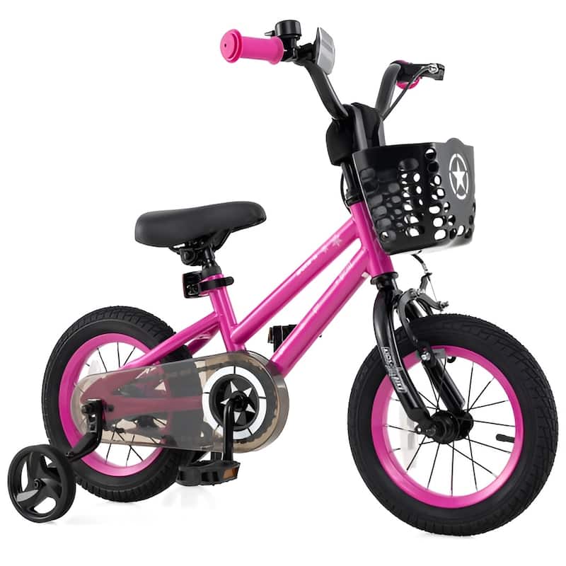 Kids Bike with Basket Adjustable Seat and Training Wheels - 12-Inches - Pink
