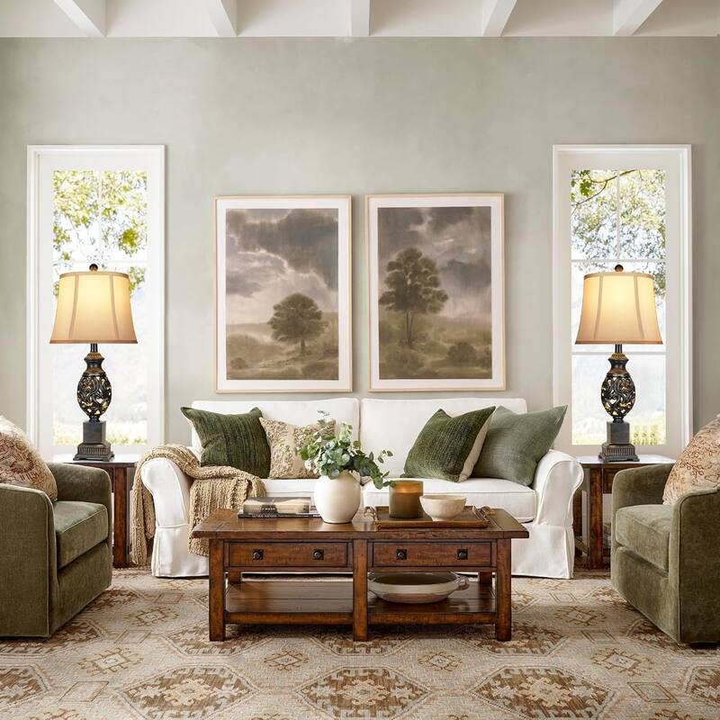 Table Lamps Set of 2.28" Tall Bedside Lamp with Nightlight, Rustic Farmhouse Nightstand Lamps with Linen Shades