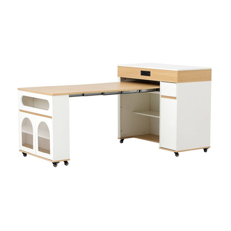 Extendable Dining Table & Rolling Kitchen Island Combo with Folding Top, Drawers & Power Outlet