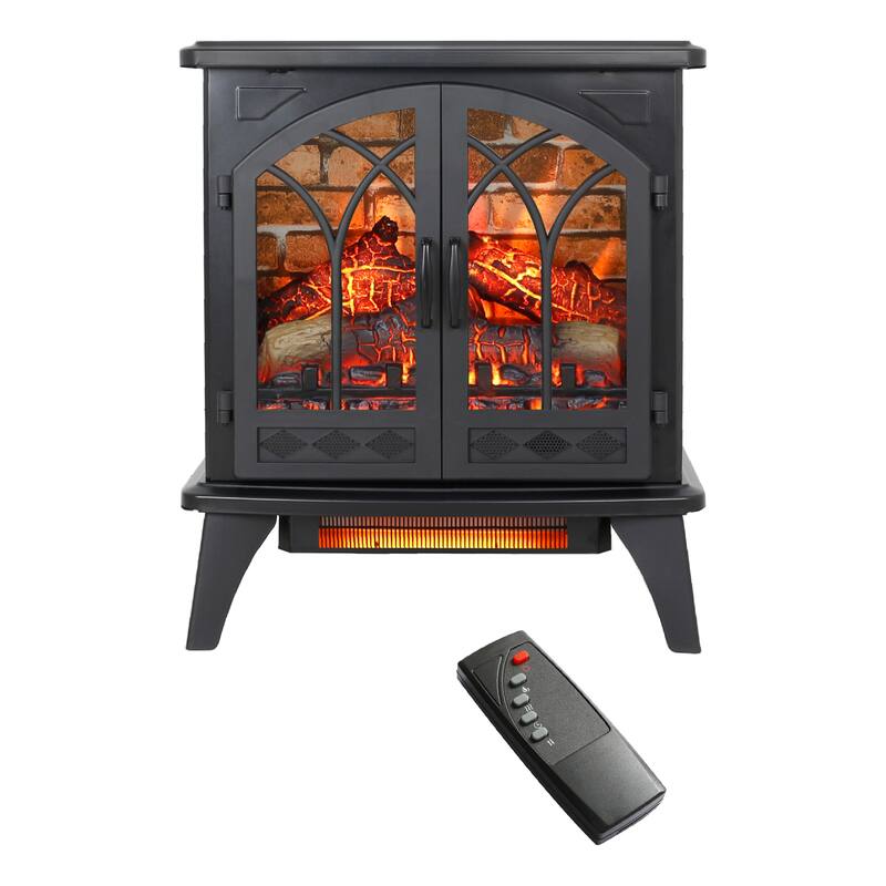Portable 24-Inch Infrared Quartz Electric Fireplace Stove with 3D Flame, Timer, and Safety Features - Antique Black