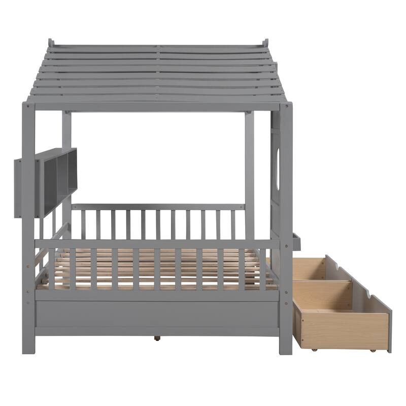 Full Size Kids House Bed with Storage Drawers and Shelf, Gray