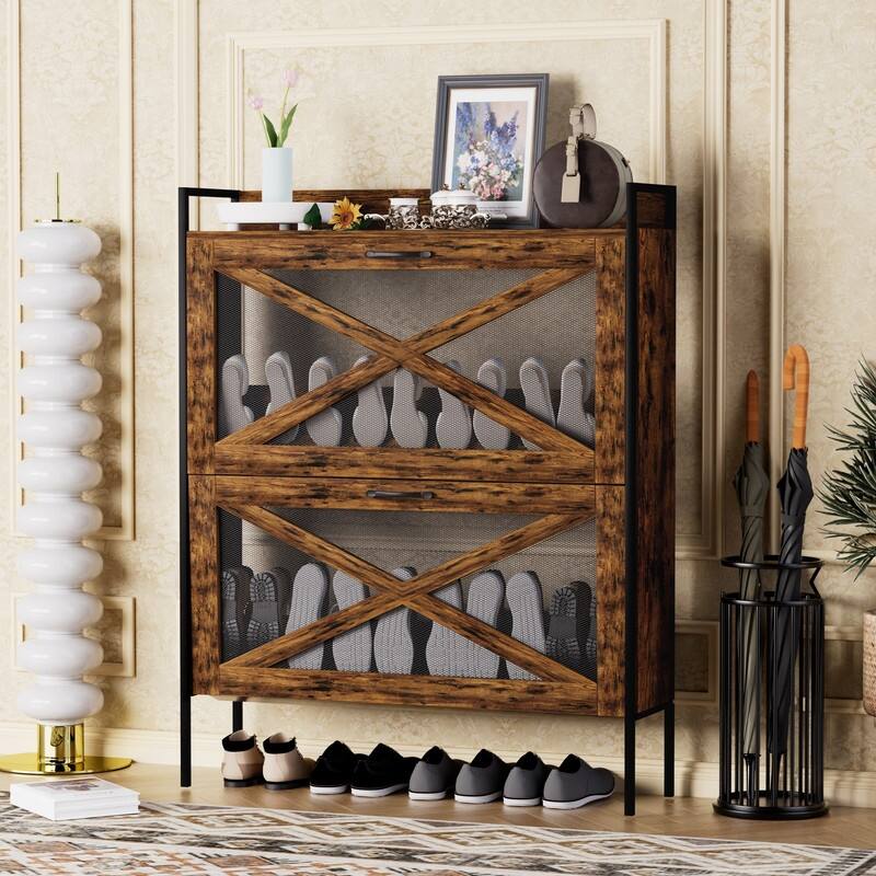 Rustic Brown Shoe Cabinet with 2 flip-top drawers, Entryway Shoe Cabinet