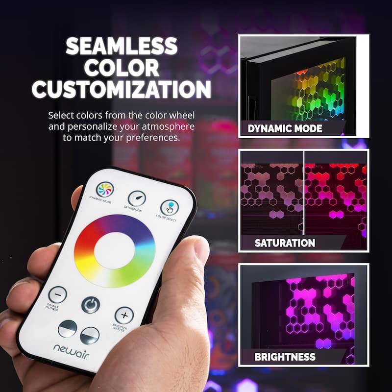 Newair Prismatic Series 85 Can Beverage Refrigerator with RGB HexaColor LED Lights, Mini Fridge for Gaming with Remote Control
