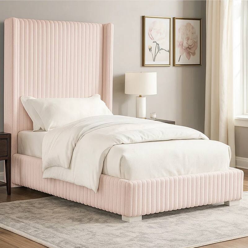 Wolo Full Size Bed, Pink Channel Tufted Fur Chenille Upholstery