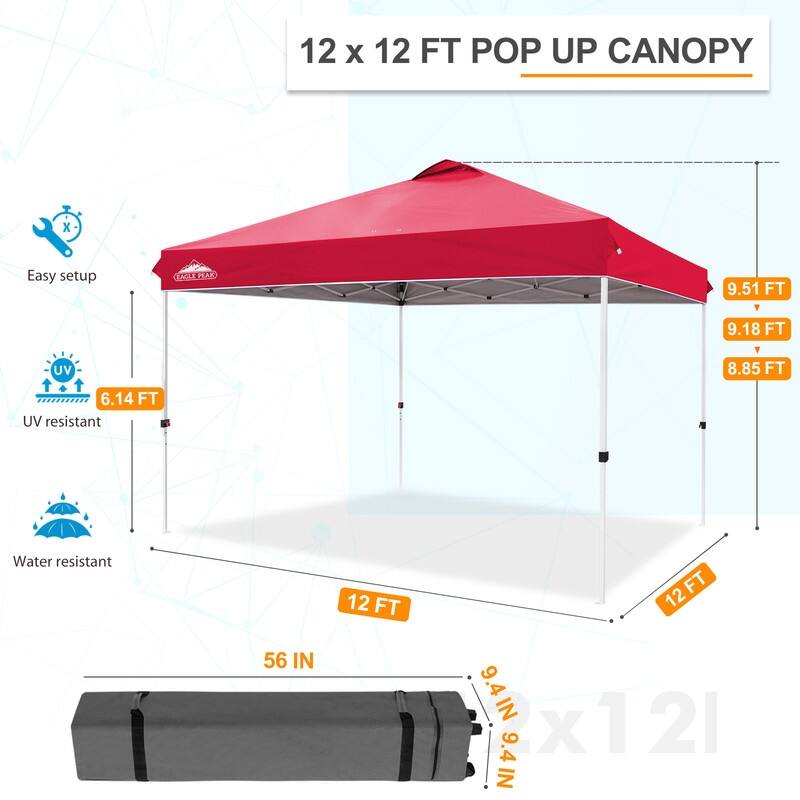 EAGLE PEAK Pop Up Canopy Tent with Wheeled Carry Bag, 8 Stakes, 4 Ropes, 4 Weight Bags, Easy Set Up Tent Canopy, 12x12 ft