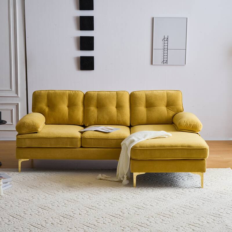 Modern Velvet L-Shaped Sectional Sofa with Metal Legs and Wide Backrest for Living Room Bedroom - Yellow