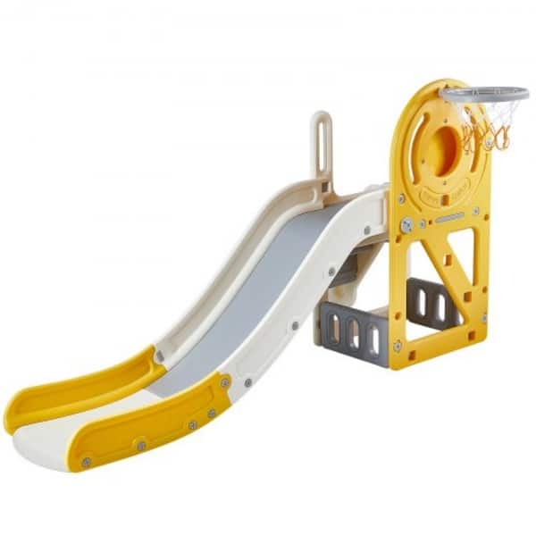 slide 2 of 12, Yellow Grey HDPE Kids Slide with Hoop and Storage, Anti-Slip 6.5ft Playset - 73.23” L x 44.09” W x 39.37” H Yellow-Grey